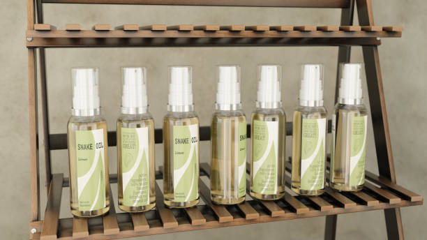 Frauds. Snake oil on retail display for sale sale. CGI