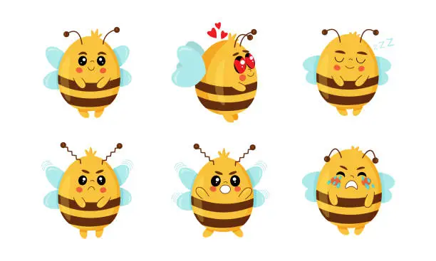 Vector illustration of Cute bee set. A flat cartoon design featuring a set of cute bees in various expressions.