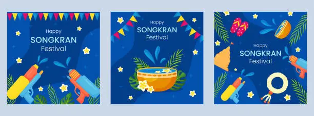 Vector illustration of Vector Songkran water festival of Thailand greeting card banner. Tropical flowers, leaves, water guns on blue background. Square invitation, flyer, brochure, poster for event.