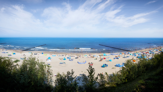 View from above on a resting people on the Adriatic coastline with the beaches in Montesilvano Pescara, Abruzzo region