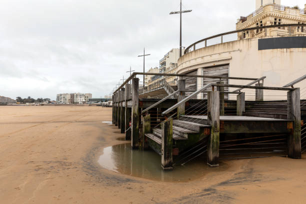Low sand level caused by the high tide of March 2024 on the beach of Les Sables d'Olonne, France