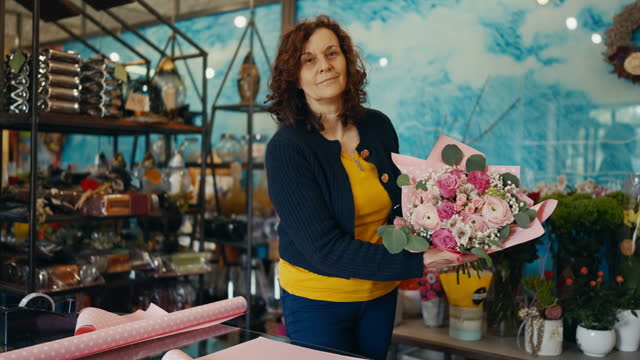 Smiling Mature Female Florist Looking At Camera After Making Beautiful Bouquet in Shop