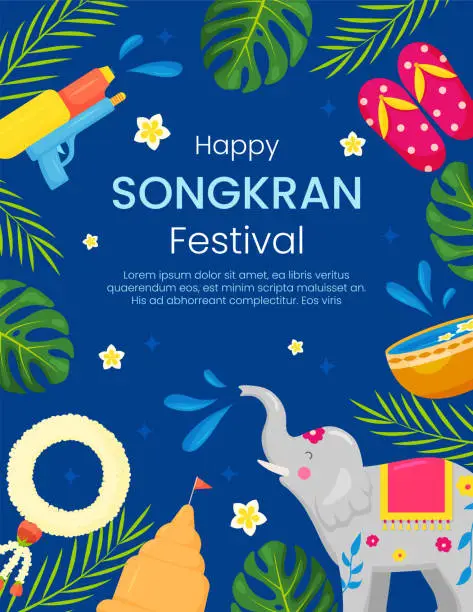 Vector illustration of Vector Songkran water festival of Thailand greeting card banner. Gold bowl water, tropical flowers, leaves, water guns on blue background. Vertical invitation, flyer, brochure, poster for event