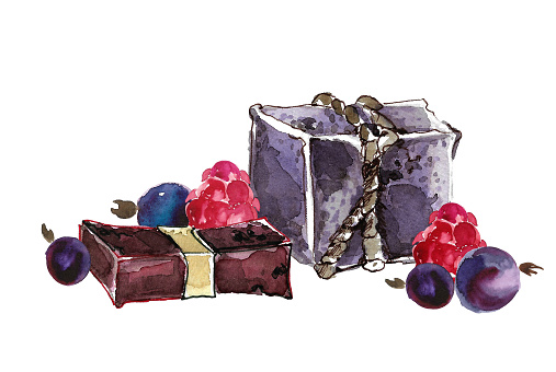 Handmade berry soap. Two bars of soap tied with brown twisted jute rope and a rectangular burgundy in paper on a background of red raspberries and black currants. Hand drawn watercolor illustration