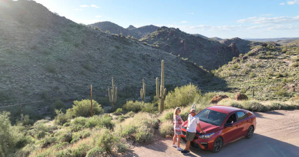 Aerial view of mature couple enjoying desert view from roadside on holidays