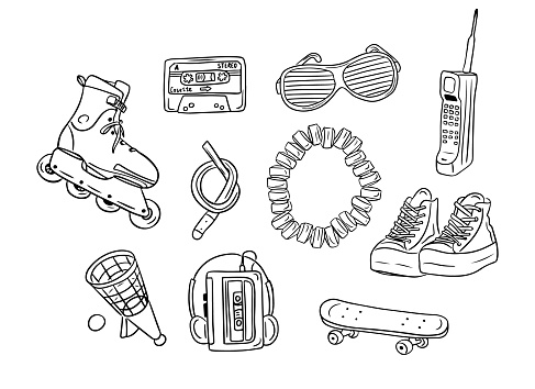 Retro contour drawings of items from 90s. Vector hand drawn outline sketchy drawings isolated on white background. Retro concept. Ideal for coloring pages, tattoo, pattern