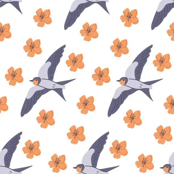 Vector illustration of Flying swallow with flowers bloom seamless pattern