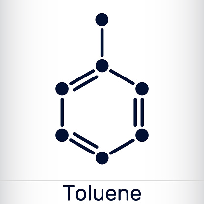 Toluene, toluol C7H8  molecule. Methylbenzene, aromatic hydrocarbon. Skeletal chemical formula. Vector illustration