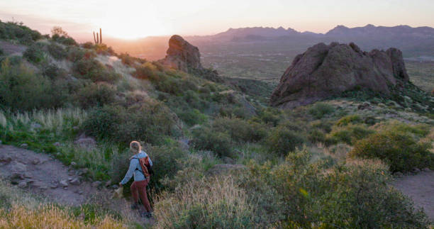Hiker explores desert parkland at sunset, rock pinnacle in distance