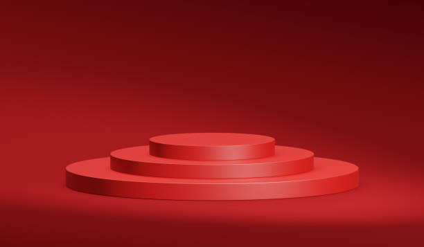 istock Winner red podium award stage isolated on 3d pedestal platform background empty spotlight presentation product display or blank minimal show stand luxury premium showroom step floor backdrop concept. 2083056836