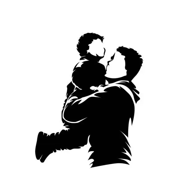 Vector illustration of Family, man carries young son in his arms. Fun with dad. Father's Day. Isolated vector silhouette