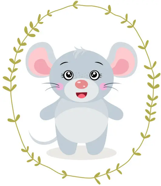 Vector illustration of Cute gray mouse inside an oval leaves border
