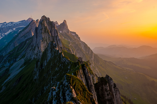 Schaeffler mountain ridge swiss Alpstein, Appenzell Switzerland, a ridge of the majestic Schaeffler peak by Berggasthaus Schafler, Switzerland during summer