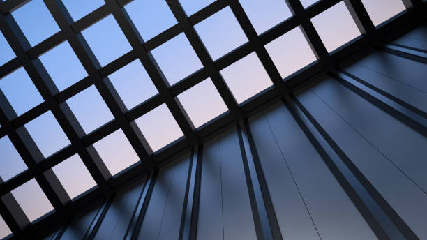 istock Modern architecture design building with open, transparent ceiling. Building wall with sky view and open roof, with metal elements, building with transparent ceiling. Modern house, office, banner. 3D render 2083084628