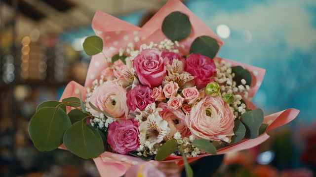Closeup of Mature Female Florist Showing Beautiful Bouquet of Flowers at Camera in Shop