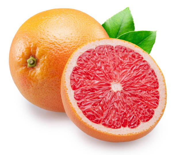 istock Red grapefruit and grapefruit cross section on white background. File contains clipping path. 2083106265