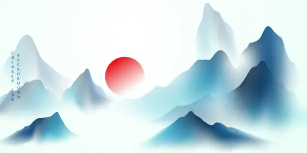 Vector illustration of Modern design vector illustration of beautiful Chinese ink landscape painting.