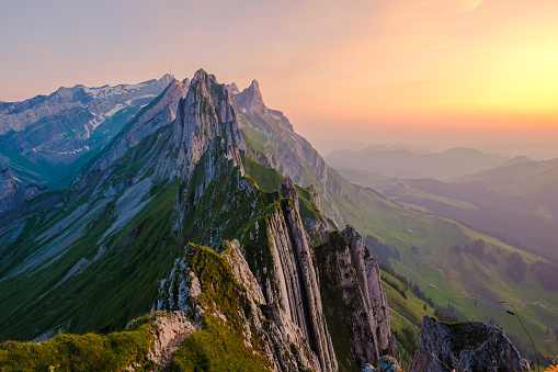 Schaeffler mountain ridge swiss Alpstein, Appenzell Switzerland, a ridge of the majestic Schaeffler peak by Berggasthaus Schafler, Switzerland.