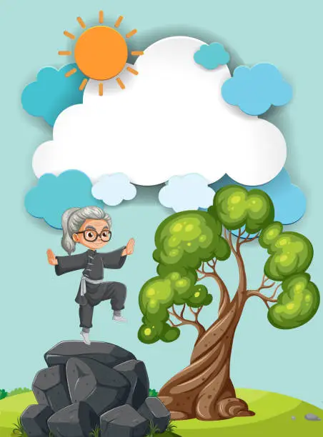 Vector illustration of Cartoon grandma jumping joyfully near a tree