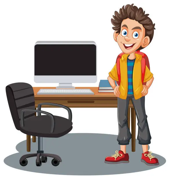 Vector illustration of Cheerful cartoon boy standing by a computer desk.