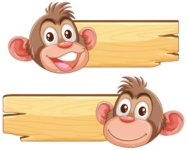 Vector illustration of Two cartoon monkeys peeking behind wooden planks.