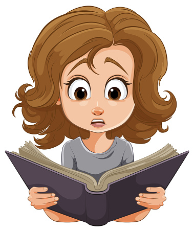 Cartoon of a girl with wide eyes reading intently