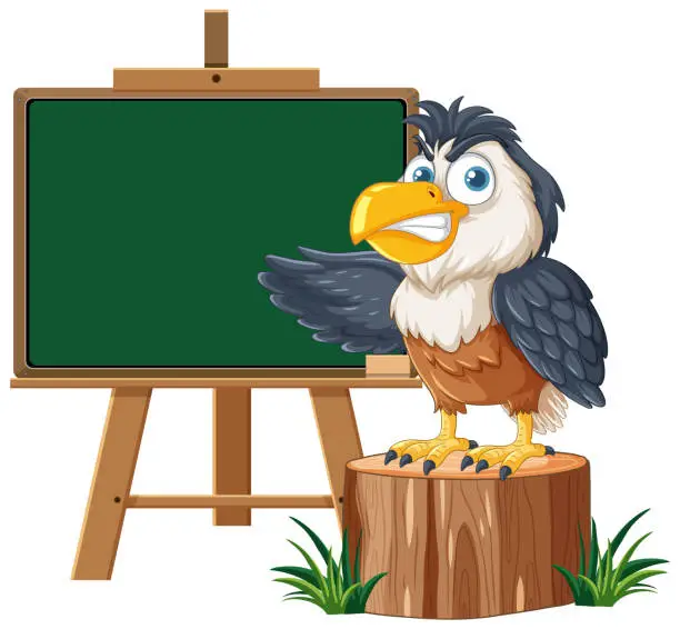 Vector illustration of Cartoon eagle standing by a blank chalkboard