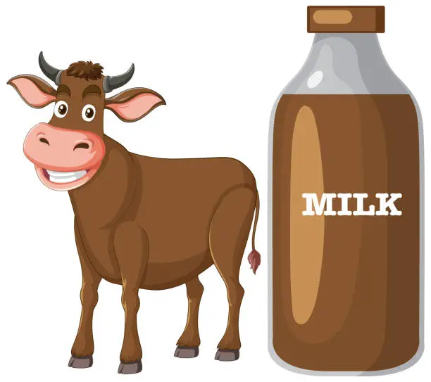 Vector illustration of Cartoon cow next to a large milk bottle