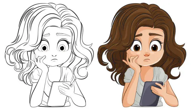 Vector illustration of Cartoon of a thoughtful girl holding a book