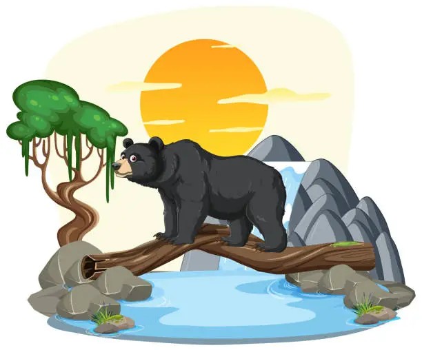 Vector illustration of Illustration of a bear walking over a log bridge