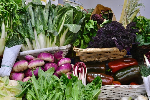 Winter vegetables displayed by the greengrocer