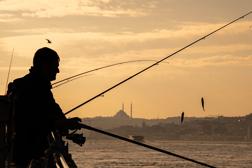 Person fishing on Üsküdar beach, Çamlıca Mosque in the background