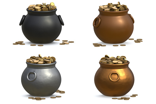 Pot of Gold and Coin , This is a 3d rendered computer generated image. Isolated on white.