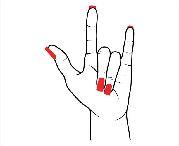 Vector illustration of Woman hand with red polish in rock n roll sign, hand drawn vector isolated illustration