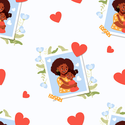 Seamless pattern with photograph from happy ethnic black woman mother with daughter with flowers on white background with hearts. Vector illustration in flat cartoon style. Mothers holiday confession.