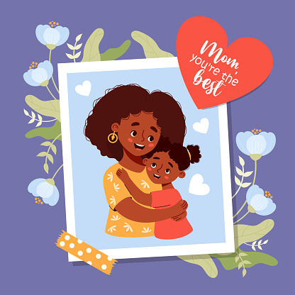 Cute photograph from happy ethnic black woman mother with her daughter with flowers. Mother's holiday confession and congratulations. Vector illustration in flat cartoon style.