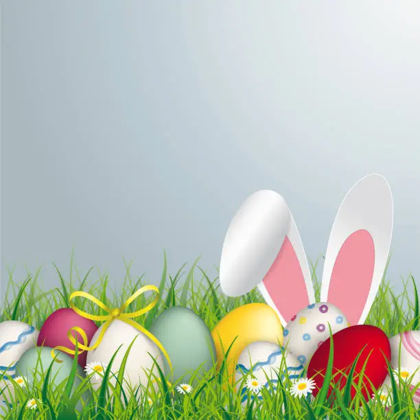 Vector illustration of Colored eggs with hare ears in the grass on the grey background. Eps 10 vector file.