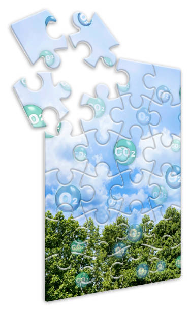 istock Tree canopy against a sky background with oxygen O2 and carbon dioxide CO2 molecules - Carbon dioxide absorption and oxygen release concept in jigsaw puzzle shape 2083167298