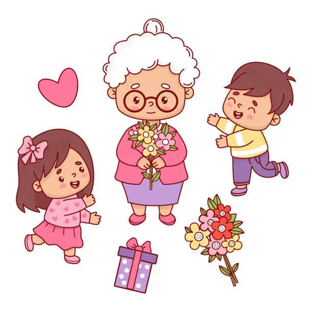 Vector illustration of Happy grandmother with grandchildren and bouquet flowers and gift. Isolated vector illustration in cartoon flat style. Cute character for holiday design birthday, Women's, Mother's and grandma's day