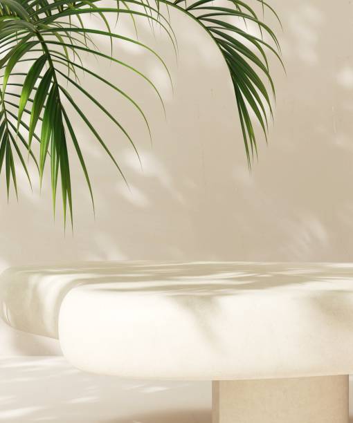 istock Modern, cute blank cream stone Japandi design table podium, green palm tree in sunlight 2083182604