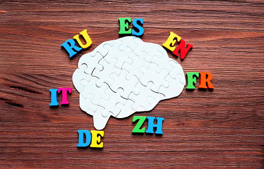Brain-shaped puzzle at the center, surrounded by various colorful two-letter language codes set on a dark wooden background. Acquiring new languages and understanding different cultures.