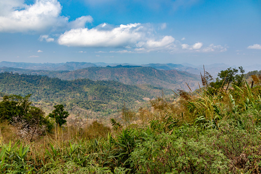 View into the mountain range of the Virunga Volcanoes, a line of 8 volcanoes in the area of the border-triangle between Rwanda, Uganda and the DR Congo. \n\nLeft: Mount Muhabura (4127m)\nRight: Mount Gahinga (3474 m)\nThe lake in the right part of the picture is Lake Ruhonda.\n\nThe Virunga Volcanoes are home of the critically endangered mountain gorilla (gorilla beringei beringei), listed on the IUCN Red List of Endangered Species due to habitat loss, poaching, disease, and war.