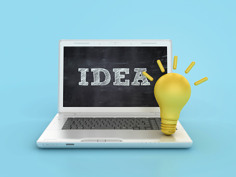Light Bulb with Computer Laptop - Color Background - 3D Rendering
