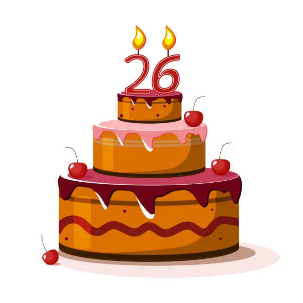 Vector illustration of Twenty six year anniversary. Vector birthday cake. Holiday cake with candle.  Big chocolate cake. Twenty six  year old. Twenty six party. Big delicius cake.