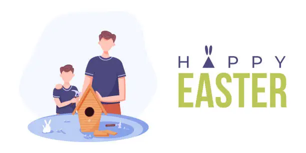 Vector illustration of Father and son making bird house Easter tradition.