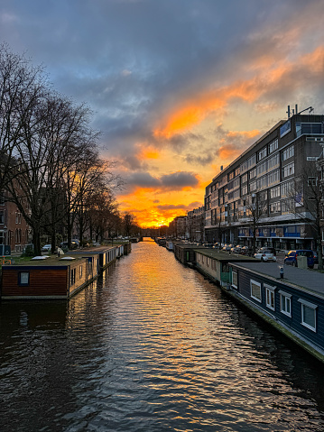 Beautiful sunset from the Hugo de Grootgracht canal in Amsterdam in winter