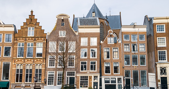Traditional Dutch architecture buildings in Amsterdam in winter