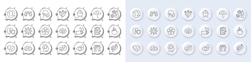 Dumbbell, Social distancing and Shield line icons. White pin 3d buttons, chat bubbles icons. Pack of Mental conundrum, Face id, Vaccine report icon. Vector