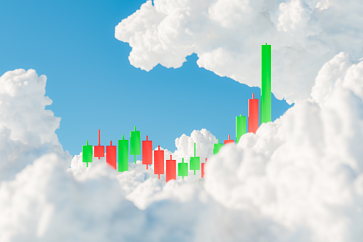 3d rendering of a bullish stock market chart rising among fluffy white clouds against a clear blue sky, illustrating high financial ambitions or growth.