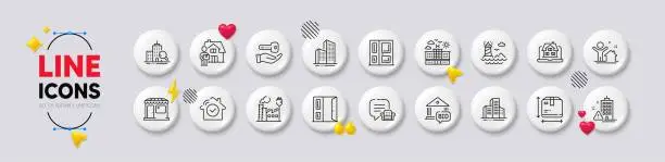 Vector illustration of House security, Building warning and Hotel line icons. For web app, printing. White buttons 3d icons. Vector